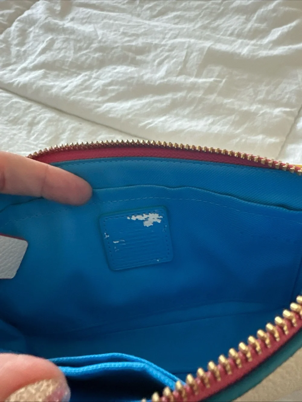 Coach White Pebbled Leather Shoulder Bag with Teal and Pink Trim